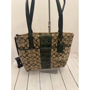 Coach Green Tan Signature Snake Stripe Tote Bag Hangtag F25706 GUC (Straps Wear)